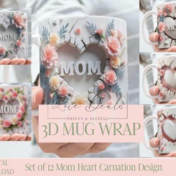 3D Effect Heart Carnation Mom Mug Wrap, Mother's Day Sublimation Bundle Mug Wrap 11oz / 15oz, Instant Digital Download, PNG Template