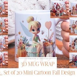3D Effect Fall Classic Mini Cartoon Character Mug Wrap, 11 oz & 15 oz Mug Bundle Sublimation Wrap, Instant Digital Download, PNG Template