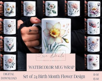Watercolor Birth Month Flower Mug Wrap: Sublimation Bundle (Digital Download)