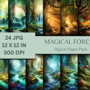 Carta digitale Fantasy Magical Forest, sfondi Magical Mystery Forest per scrapbooking, decorazioni murali e altro, download immediato