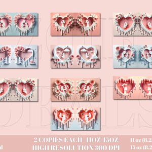 May include: Set of eight digital printable images featuring a couple in a heart-shaped frame with pink and white flowers. The images are available in two sizes: 11 oz (8.25 x 3.85 inches) and 15 oz (8.25 x 4.25 inches).