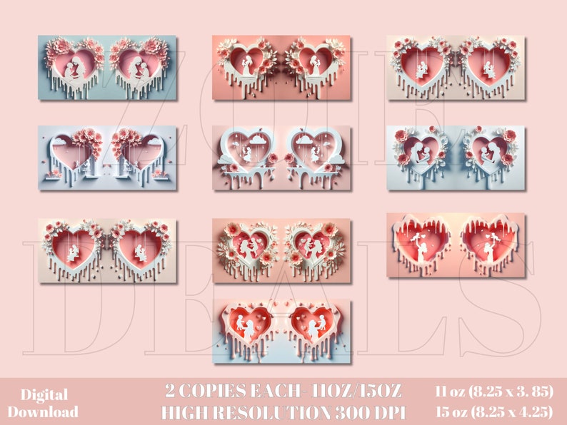 May include: Set of eight digital printable images featuring a couple in a heart-shaped frame with pink and white flowers. The images are available in two sizes: 11 oz (8.25 x 3.85 inches) and 15 oz (8.25 x 4.25 inches).