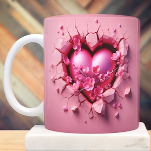3D Effect Pink Heart Cracked Hole In A Wall Mug Wrap, 11 oz & 15 oz Mug Sublimation Wrap, Instant Digital Download, PNG Template