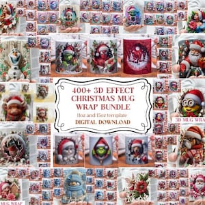 Peut inclure: Un collage de mugs de Noël avec divers motifs, dont le Père Noël, le Grinch et d'autres personnages festifs. Les mugs sont blancs et présentent des effets 3D. Le texte sur l'image indique "400+ 3D EFFECT CHRISTMAS MUG WRAP BUNDLE".