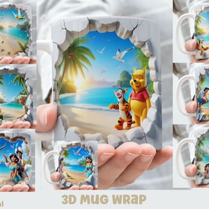 3D-effect klassieke tekenfilms op het strand mok wrap, 11 oz en 15 oz sublimatiebundel mok wrap, instant digitale download, png-sjabloon