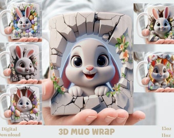 3D Baby Rabbit Mug Wrap, 11 oz & 15 oz Bunny Sublimation Bundle Mug Wrap, Instant Digital Download, PNG Template