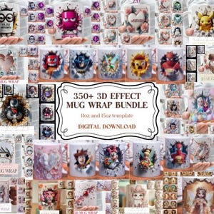 Peut inclure: Une collection de tasses en céramique blanches avec divers motifs en 3D, notamment des personnages de dessins animés, des motifs floraux et de l'art abstrait. Les tasses sont présentées dans une grille, mettant en valeur une variété de styles et de thèmes. Le texte sur l'image indique "350+ 3D EFFECT MUG WRAP BUNDLE" et "DIGITAL DOWNLOAD".