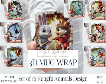 Emballage pour tasse effet 3D animaux de kungfu, 11 oz et 15 oz Mug lot de emballages pour sublimation, téléchargement numérique instantané, modèle PNG