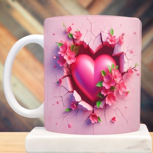 3D effect roze hart gebarsten gat in een muur mok wrap, 11 oz & 15 oz mok sublimatie wrap, instant digitale download, PNG-sjabloon