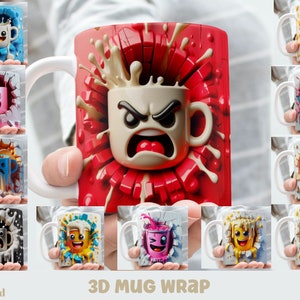 Pode incluir: Um conjunto de 10 designs digitais de envoltório de caneca 3D com diferentes rostos de desenhos animados com diferentes expressões. Os designs são impressos em canecas brancas com um efeito 3D, fazendo parecer que a caneca está quebrando a superfície. Os designs estão disponíveis nos tamanhos 11oz e 15oz.