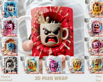 3D-Effekt Lustige Kaffeetasse Gesicht Mug Wrap, 11 Unze & 15 Unze Mug Bundle Sublimation Wrap, sofortiger digitaler Download, PNG Vorlage