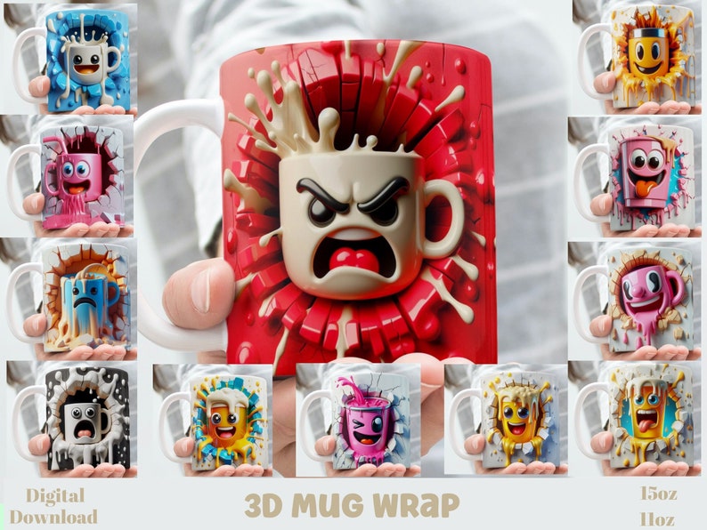 3D-Effekt Lustige Kaffeetasse Gesicht Mug Wrap, 11 Unze & 15 Unze Mug Bundle Sublimation Wrap, sofortiger digitaler Download, PNG Vorlage Bild 1