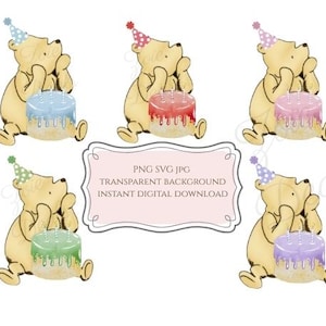5 SVG PNG | Classic Winnie The Pooh Birthday Clipart Bundle, Vintage Pooh Bear, Birthday Cards, Invitations, Instant Digital Download