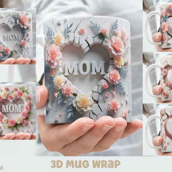 3D Effect Heart Carnation Mom Mug Wrap, Mother's Day Sublimation Bundle Mug Wrap 11oz / 15oz, Instant Digital Download, PNG Template