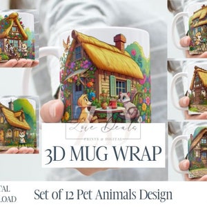 Tazza con effetto 3D con animali domestici dei cartoni animati al cottage, confezione da 11 e 15 once, stampa a sublimazione, download digitale istantaneo, modello PNG