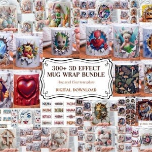 May include: A collection of white ceramic mugs with various 3D effect designs. The mugs feature characters like Spider-Man, Winnie the Pooh, and Groot, along with floral and heart patterns. The text on the image reads "300+ 3D EFFECT MUG WRAP BUNDLE".