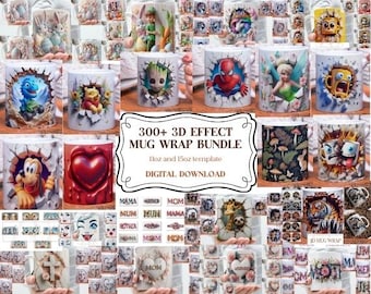 3D Effect Mug Wrap Bundle, 300+ Designs | 11oz & 15oz PNG Sublimation Files | Digital Download