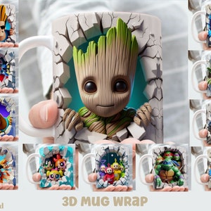 3D Effect Hole In A Wall Classic Cartoon Character Mug Wrap, 11oz & 15oz Mug Bundle Sublimation Wrap, Instant Digital Download, PNG Template