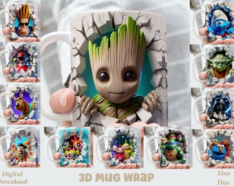 Effet 3D trou dans un mur classique personnage de dessin animé Mug Wrap, paquet de 11 oz et 15 oz emballage pour sublimation, téléchargement numérique instantané, modèle PNG