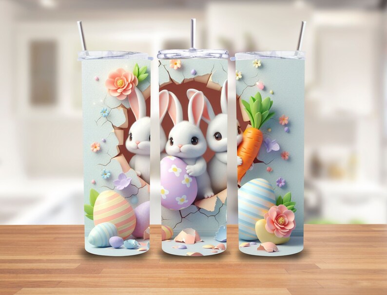 Puede incluir: Tres conejos blancos asom&aacute;ndose de un huevo azul roto con huevos de colores pastel y una zanahoria. Los conejos sostienen huevos de colores pastel. El fondo es azul claro con flores blancas.
