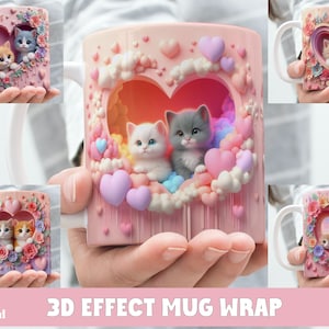 3D-Effekt Loch in einer Wand Pastell Kätzchen Becher Wrap, 11 Unze & 15 Unze Becher Bundle Sublimation Wrap, sofortiger digitaler Download, PNG-Vorlage