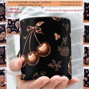 Coquette Mug Wrap Bundle: Metallic Cherries & Bows (PNG Digital Download 11oz/15oz Mugs)