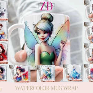 Watercolor Classic Cartoons/Fairytales Character Mug Wrap, 11 oz & 15 oz Mug Bundle Sublimation Wrap, Instant Digital Download, PNG Template