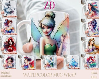 Watercolor Classic Cartoons/Fairytales Character Mug Wrap, 11 oz & 15 oz Mug Bundle Sublimation Wrap, Instant Digital Download, PNG Template