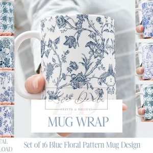 Blue Floral Pattern Mug Wrap, 11 oz & 15 oz Mug Bundle Sublimation Wrap, Instant Digital Download, PNG Template