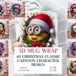 3D Effect Christmas Classic Character Mug Wrap, 11 oz & 15 oz Cartoon Bundle Sublimation Mug Wrap, Instant Digital Download, PNG Template