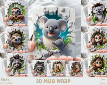 Effet 3D Animaux rigolos avec leur signe de la main Mug wrap, 11 oz et 15 oz Mug Bundle emballage pour sublimation, téléchargement numérique instantané, modèle PNG