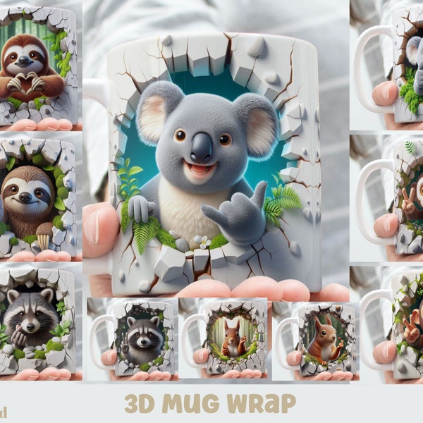 3D Effect Funny Animals With Their Hand Sign Mug Wrap, 11 oz & 15 oz Mug Bundle Sublimation Wrap, Instant Digital Download, PNG Template
