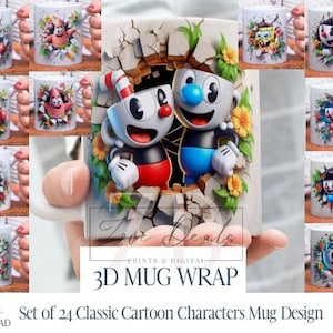 3D Effect Classic Cartoon Mug Wrap, 11 oz & 15 oz Classic Cuphead Bundle Sublimation Mug Wrap, Instant Digital Download, PNG Template