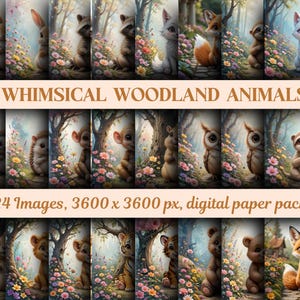 Carta digitale con animali del bosco stravaganti, sfondi magici con animali della foresta per scrapbooking, decorazioni murali e altro, download immediato