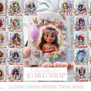 3D Effect Birthday Theme Classic Cartoons Mug Wrap, 11oz Princess Bundle Sublimation Mug Wrap, Instant Digital Download, PNG Template
