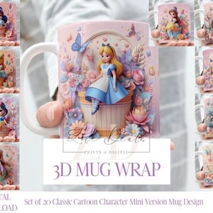 3D Effect Classic Cartoon Character Mini Version Mug Wrap, 11 oz & 15 oz Mug Bundle Sublimation Wrap, Instant Digital Download, PNG Template