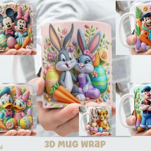 Envoltura para taza con dibujos animados clásicos de Pascua bordados en 3D, paquete de sublimación de 11 oz/15 oz, descarga digital instantánea, plantilla PNG
