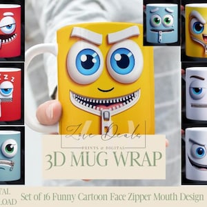 3D-Effekt Lustige Cartoon-Gesichter mit Reißverschluss-Mundbecher-Verpackung, 11 Unze & 15 Unze Becher Bundle Sublimation Wrap, sofortiger digitaler Download, PNG-Vorlage