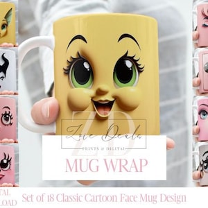 Classic Cartoon Character Face Mug Wrap, 11 oz & 15 oz Mug Bundle Sublimation Wrap, Instant Digital Download, PNG Template