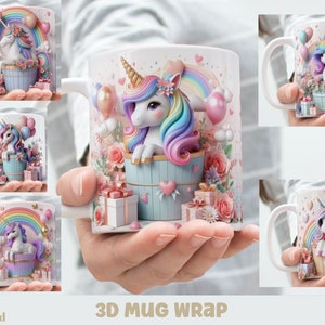 Pode incluir: Uma caneca de cerâmica branca com um design 3D de um unicórnio com um arco-íris, balões e flores. A caneca é de 15 oz.