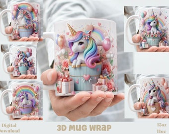 May include: A white ceramic mug with a 3D design of a unicorn with a rainbow, balloons, and flowers. The mug is 15 oz.