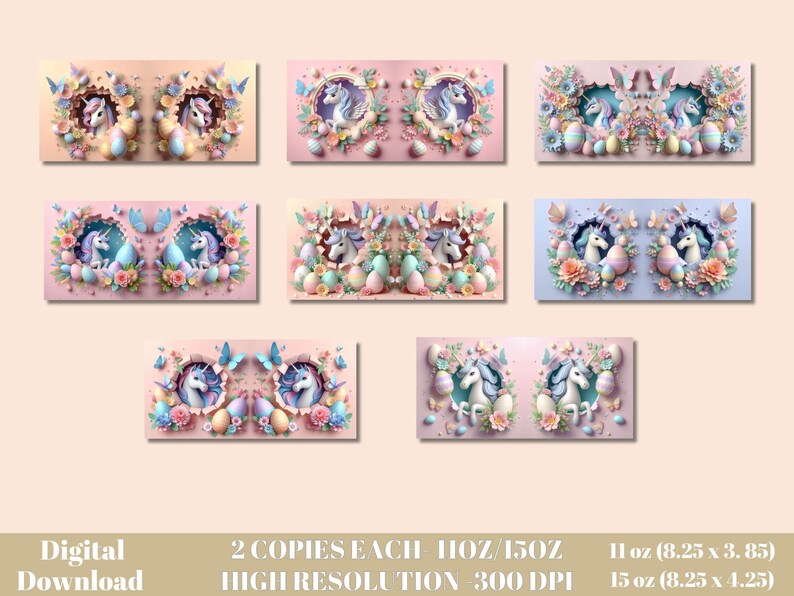 May include: Two digital downloads of a pastel pink and blue illustration of two unicorns with floral accents and Easter eggs. The text "2 COPIES EACH - 11OZ/15OZ HIGH RESOLUTION 300 DPI" is at the bottom of the image. The sizes 11 oz (8.25 x 3.85) and 15 oz (8.25 x 4.25) are also listed.