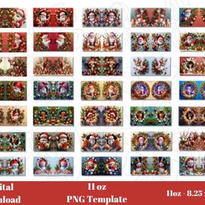 May include: A set of 25 digital printable designs featuring various Christmas themes. The designs include Santa Claus, reindeer, wreaths, and snowmen. The designs are perfect for creating custom mugs, tumblers, and other crafts.