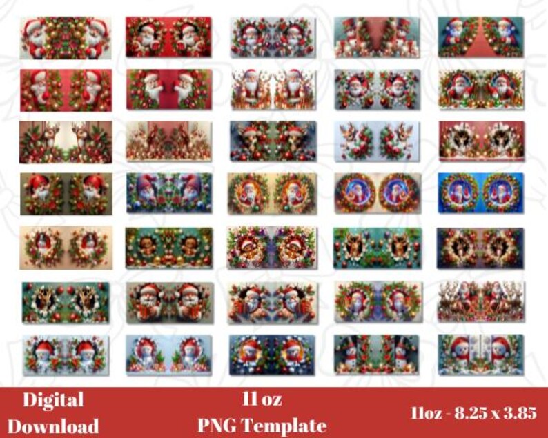 May include: A set of 25 digital printable designs featuring various Christmas themes. The designs include Santa Claus, reindeer, wreaths, and snowmen. The designs are perfect for creating custom mugs, tumblers, and other crafts.