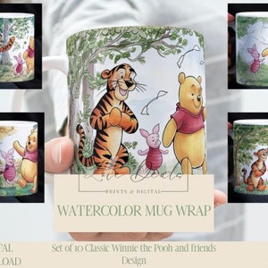 Watercolor Classic Cartoon Character Mug Wrap, 11 oz & 15 oz Mug Bundle Sublimation Wrap, Instant Digital Download, PNG Template