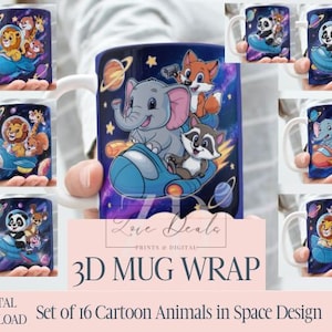 3D-Karikatur-Tiere im Weltraum Mug Wrap, 11 Unze und 15 Unze Tasse Sublimation Wrap, sofortiger digitaler Download, PNG-Vorlage