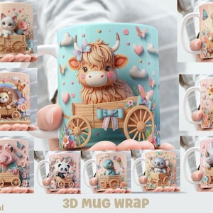 Efekt 3D Motyw wiosenny - Kubek Zwierzęta na drewnianym wózku Opakowanie, 11oz i 15oz Pakiet kubków Opakowanie sublimacyjne, Natychmiastowe pobranie cyfrowe, Szablon PNG
