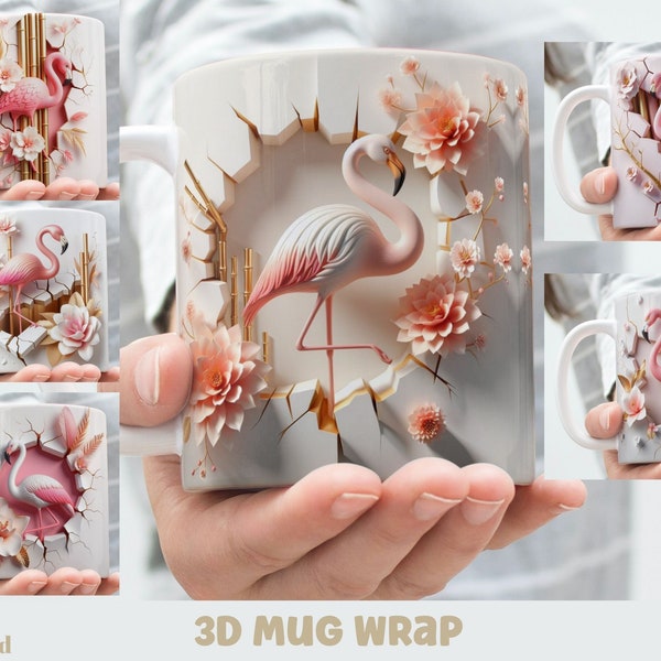 Emballage de tasse flamant rose fissuré en 3D, flamant rose, impression de 11 oz et 15 oz, impression de flamant rose, téléchargement immédiat, modèle PNG