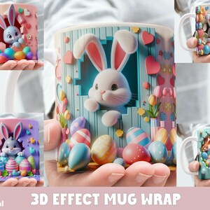 May include: Four different designs of 11oz and 15oz ceramic mugs featuring a 3D effect of a bunny rabbit peeking out of a hole with Easter eggs. The mugs are white with a colorful design.