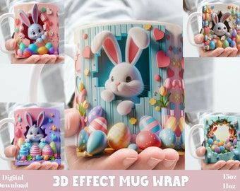 May include: Four different designs of 11oz and 15oz ceramic mugs featuring a 3D effect of a bunny rabbit peeking out of a hole with Easter eggs. The mugs are white with a colorful design.